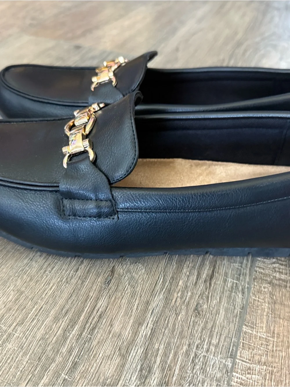 Black Women's Loafers with Gold Chain Accent - Comfort Insole